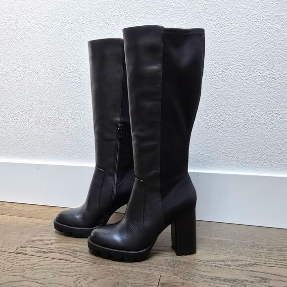 Charles David Gala Leather Tall Pointed Toe Lug Sole Block Heel Boot in Black - Picture 3 of 11